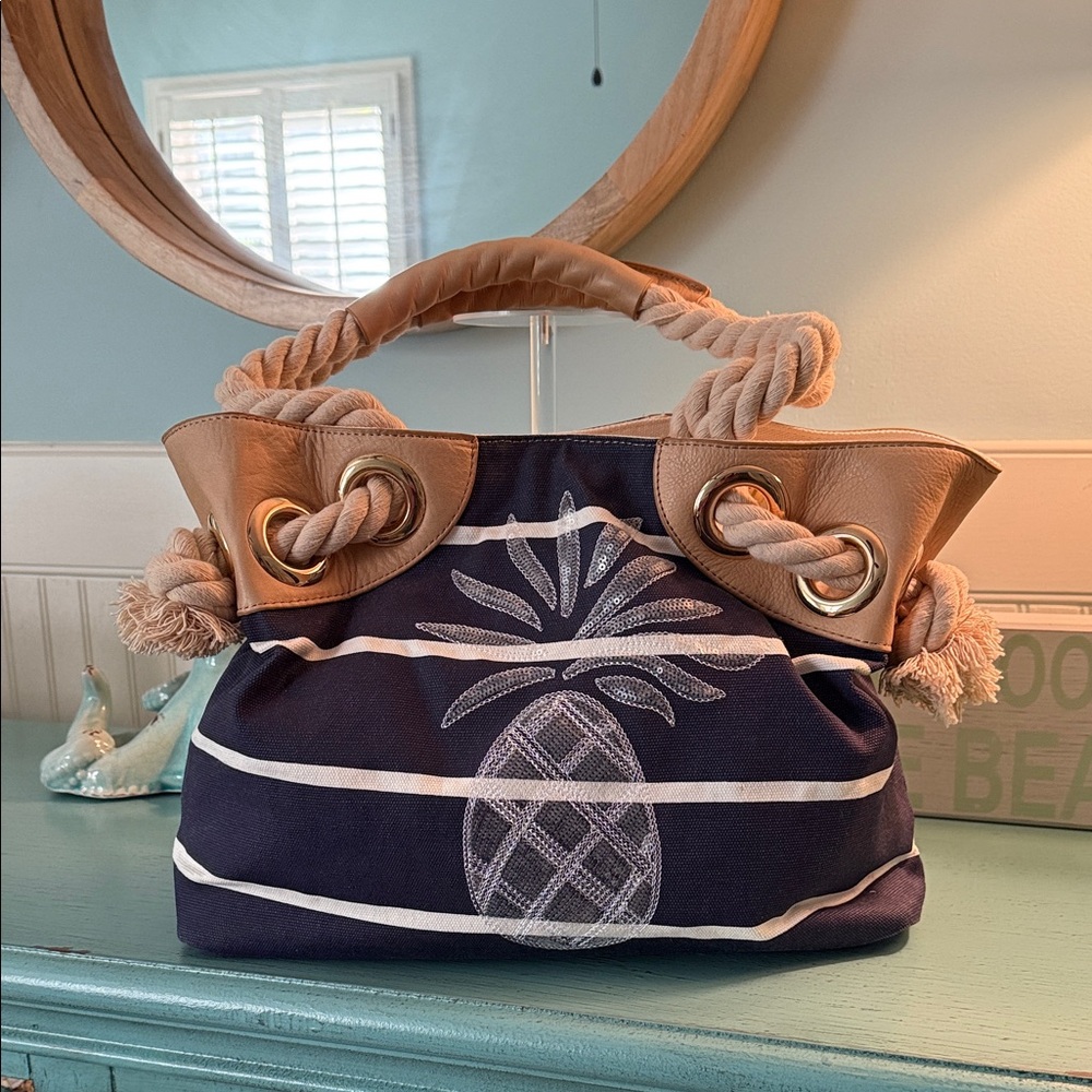 Tommy Bahama Navy and Tan Rope Handle Tote Bag